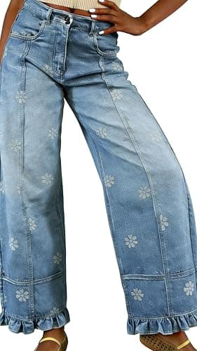 utcoco Barrel Jeans Women 2026 Floral Print Wide Leg Jeans Y2k Patchwork Baggy Boyfriend Denim Pants thumbnail 3