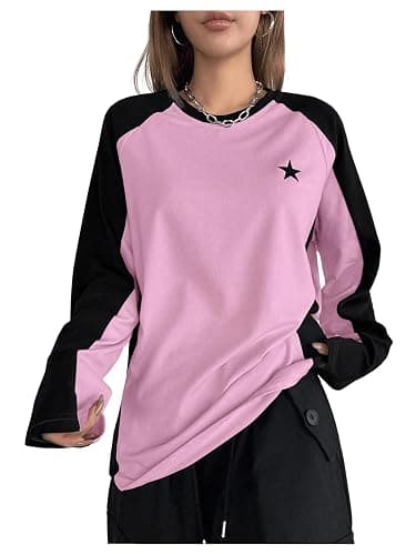 SHENHE Women's Color Block Crew Neck Star Graphic Raglan Shirt Loose Long Sleeve Tee Top - Image 1