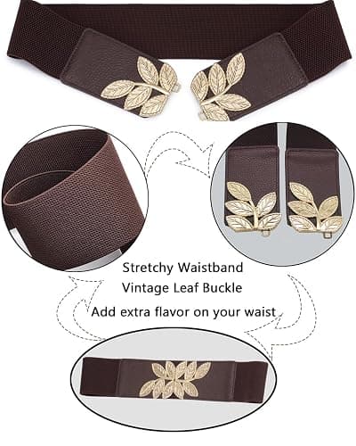 ALAIX Women's Stretchy Belt for Dress Vintage Wide Gold/silver Leaf Buckle Waist Belts for women Elastic Waistband thumbnail 3