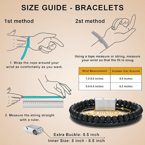LUXEJEW Gifts for Men - Mens Bracelet, Beaded Leather Initial Bracelet 6mm Matte Agate Stone Handmade Bracelets Adjustable Stainless Steel Magnetic Clasp Mens Jewelry Gifts thumbnail 6