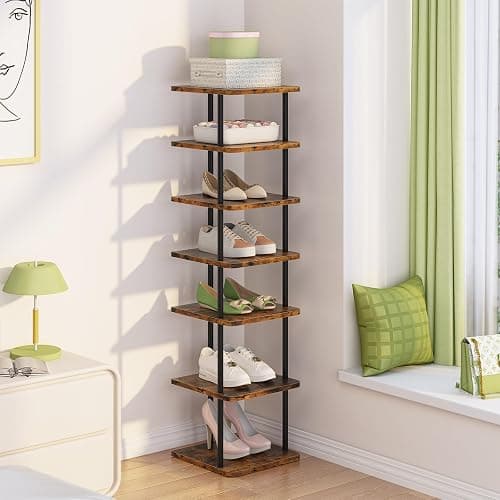 Huhote Shoe Rack Organizer, Shoe Stand, 7 Tier Narrow ShoeShelf, Metal ShoeTower, ShoeRack for Closet, Hallway, Entryway, Front Door, Small Spaces, Wood Color - Image 1