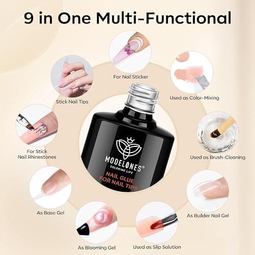 Modelones 9 in One Nail Glue Base Coat Nail Polish Set Brush On Gel Nail Glue 2 Pcs 15 ml for Rhinestone, False Nails, Base Gel, Blooming Nail Art Gel Nail Kit for Acrylic Nails U V Lamp Needed thumbnail 2