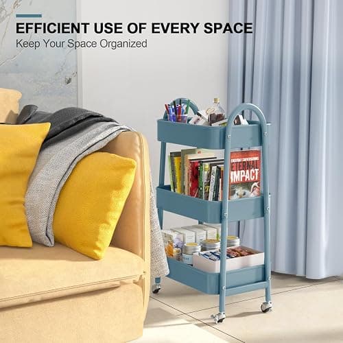 3 Tier Utility Rolling Cart, EAGMAK Metal Storage Cart with Handle and Lockable Wheels, Multifunctional Storage Organizer Trolley with Mesh Baskets for Kitchen, Living Room, Office, Garage (Blue) thumbnail 8