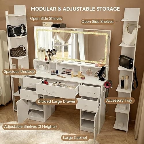 ZIMASYA 45" Large Makeup Vanitys with Mirror & Lights,Big Vanity Desk with 2 Side Shelves & Adjustable Brightness 3 Color Crystal Sparkle LED,Charging Station,26 Storage Areas for Girls Women White thumbnail 2