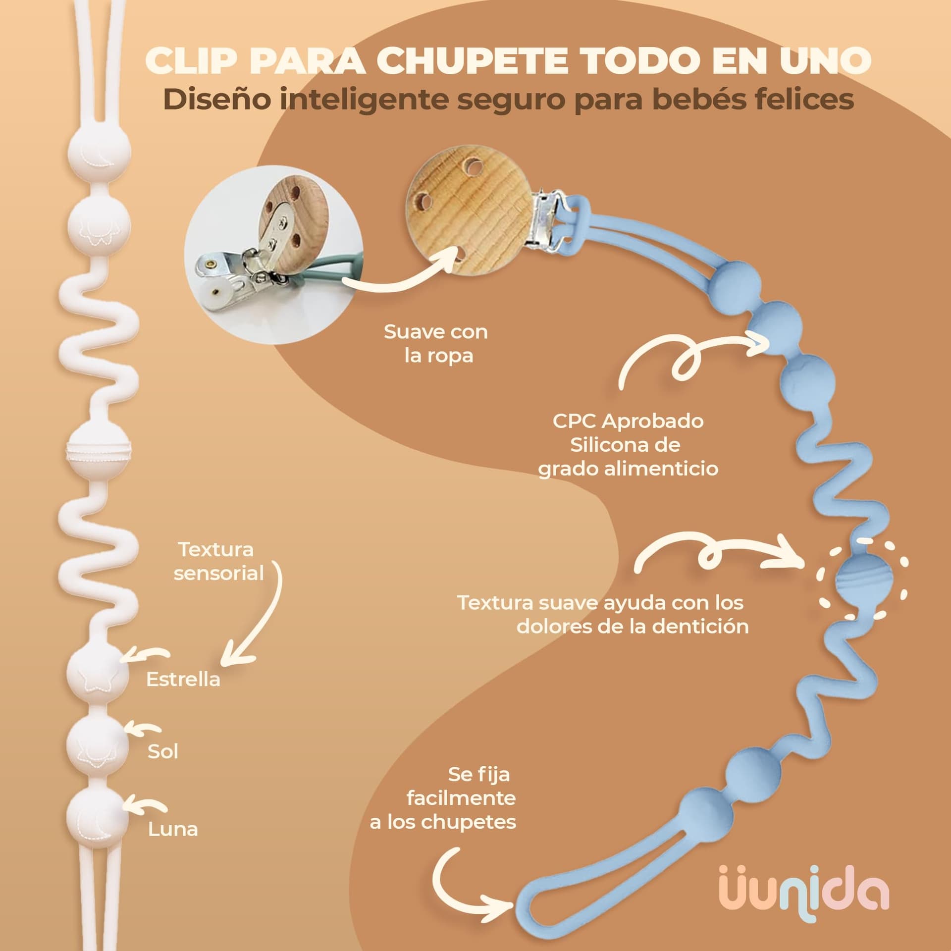 uunida baby Porta Chupon de Silicona suave Libre de BPA - Porta Chupones para Bebe - Clip para Chupon - Correa para Chupon de Bebe - Sujeta Chupón (Gris + Azul Cielo) thumbnail 3