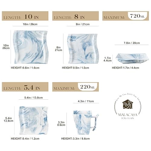 MALACASA Dinnerware Sets for 6, 30 Piece Porcelain Plates and Bowls Sets, Square Dish Set with Dinner Plate and Bowl, Cup and Saucer, Blue Dishes Dinnerware Set, Modern Dishware Sets, Series Flora thumbnail 3