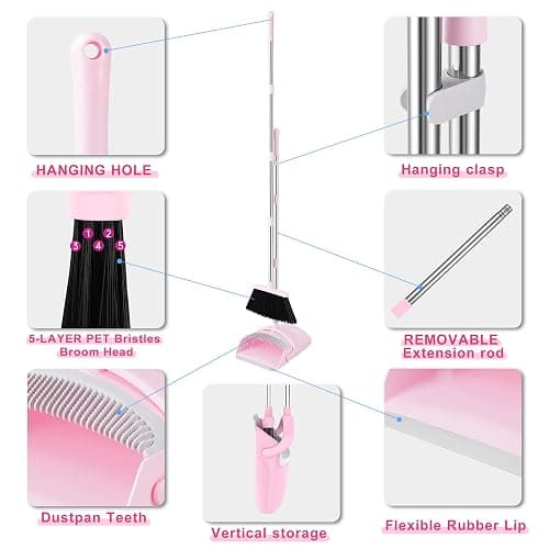 Broom and Dustpan Set, Broom with Dustpan Combo Set for Home 54-in Long Adjustable Handle Dustpan Teeth to Clean Hair for Home Office Kitchen Lobby(Pink) thumbnail 4