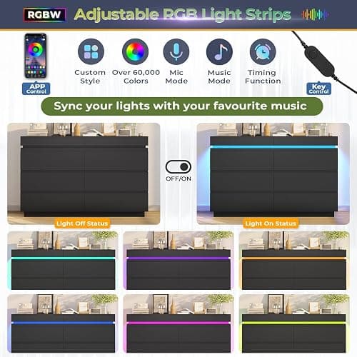 DICTAC Modern 6 Drawer Dresser with Sliding Desktop, Wide Chest of Drawers with Charging Station & LED Lights, Large Storage Tower Clothes Organizer, Black Dresser for Bedroom thumbnail 5