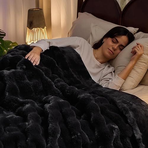 Jeyfull Fluffy Faux Rabbit Fur Throw Blanket - Soft, Luxury, Cozy Thick Warm Decorative Blanket for Bed, Sofa (Throw Size 50''x60'', Black) thumbnail 3
