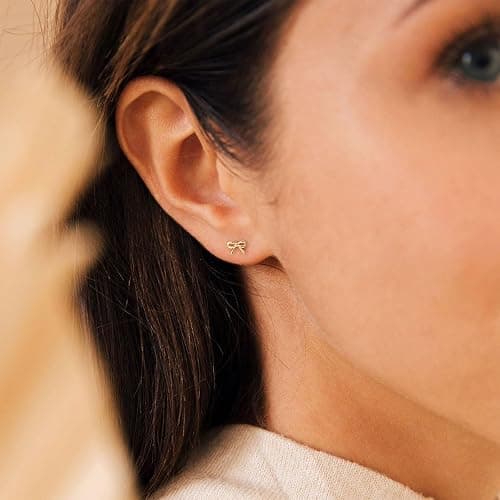 HANLI Bow Earrings for Women - 14K Gold Plated Silver Dainty Bow Earrings Small Gold Stud Earring Jewelry Gifts for Her thumbnail 3