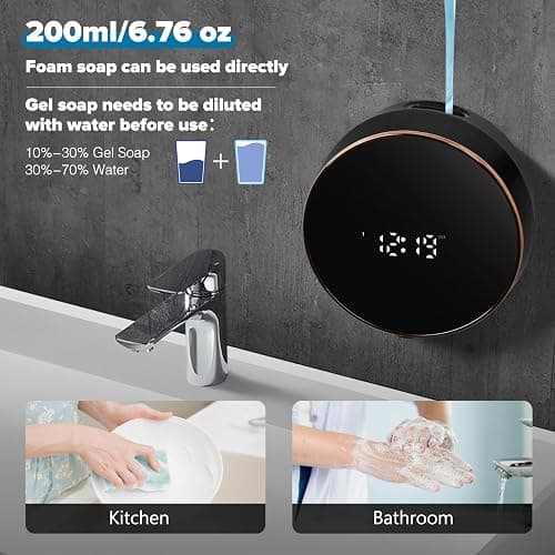 Automatic Soap Dispenser Foam Bathroom: Wall Mount Rechargeable Touchless Adjustable Auto Smart Electric Plastic Black Foaming Soap Dispenser with Clock - Kitchen - Hand Dish Lotion Couple Kids thumbnail 6