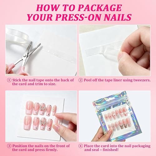 ESUOHYM 50 Pcs Nail Packaging Bags for Press On with 3 Double Side Tape | Holographic Press On Packaging Fits All Sizes, Nail Storage with Nail Cardboards, Nail Art Business Supplies Kit Salon Home thumbnail 6
