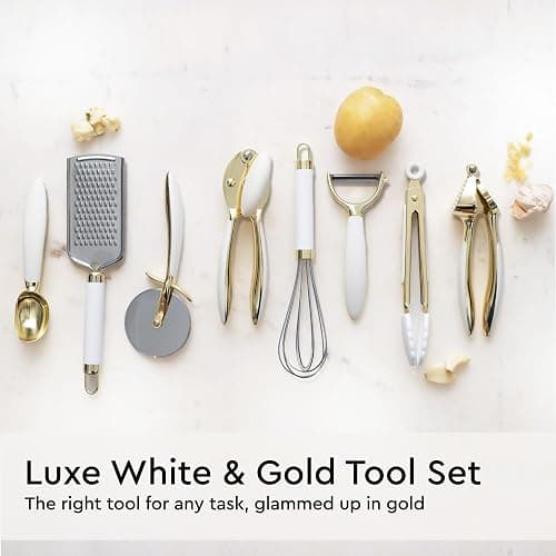 White and Gold Kitchen Utensils Set - 23-Piece Gold Kitchen Accessories Include Measuring Cups and Spoons Set, Silicone Utensils, and Utensil Holder for Baking, Cooking, and Stylish Kitchen Decor thumbnail 6