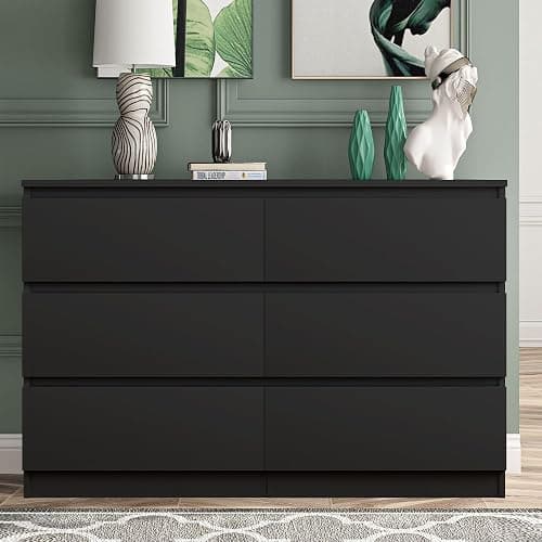 Vibe & Dine 6 Drawer Double Dresser, Modern Chest of Drawers with Wide Storage for Closet, Bedroom, Living Room, Black thumbnail 2