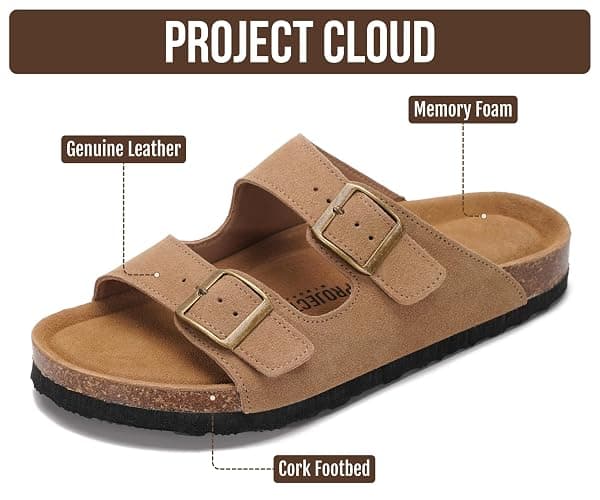Project Cloud 100% Genuine Leather Flat Sandals For Women 2026 Cork Footbed Womens Sandals with Memory Foam and arch support Vacation Essentials Slides for Women Footwear (Venita) thumbnail 2