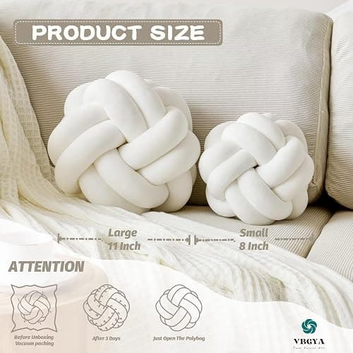 VBGYA Knot Pillow Ball, Soft Home Decorative Throw Pillows Cushion, Round Changeability Knotted Pillows, Modern Home Handmade Cushions for Bedroom, Sofa, Couch (8 Inch, White) thumbnail 3