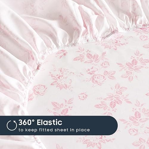 Wake In Cloud - Floral Bed Sheets, 4-Piece Sheet Set, Shabby Chic Botanical Coquette Cottagecore Vintage Flower Pattern Printed Bedding, Deep Pocket, Pink, Queen Size thumbnail 5