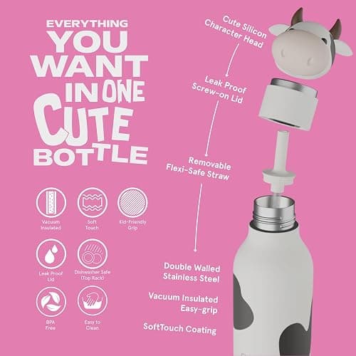 asobu Bestie Bottle Insulated Stainless Steel Water Bottle with Detachable Soft Animal Head Fun Drinking For Kids and Teens with Flexible Reusable Straw 16 Ounce thumbnail 3