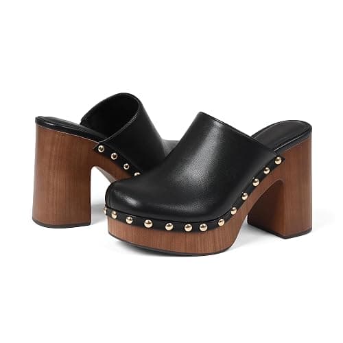 Oiamenne Womens Platform Clogs Mules Chunky High Heeled Sandals Round Toe Slip On Slides Rivet Studded Heels for Women Casual Comfy Shoes thumbnail 5