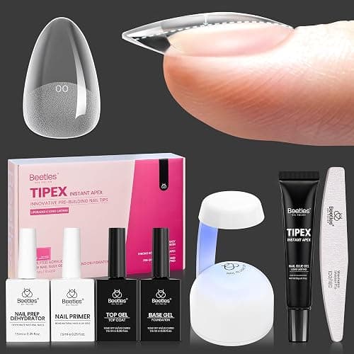 Beetles Tipex Instant Apex Nail Tips Kit – Almond Short, Pre-Etched, Thick Full Cover Acrylic Tips with Tipex UV Gel Glue, Dehydrator, Primer, Base & Top Coat, Mini UV Lamp, 224PCS in 16 Sizes - Image 1