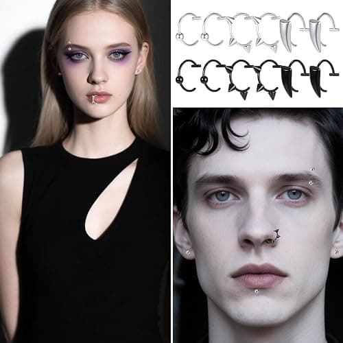 Alrhso 12 Pcs Fake Lip Ring Fake Snake Bite Non-Piercing Lip Cuff Ear Cuff Stainless Steel Vampire Teeth Ring Septum Nose Piercing Set for Women Men (Black Silver) thumbnail 5