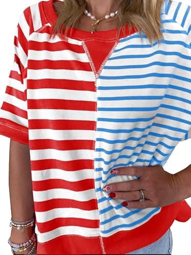 Womens 2025 Oversized Short Sleeve Sweatshirt Striped Shirt Crewneck Pullover Loose Crop Tops - Red and Blue - Large thumbnail 2