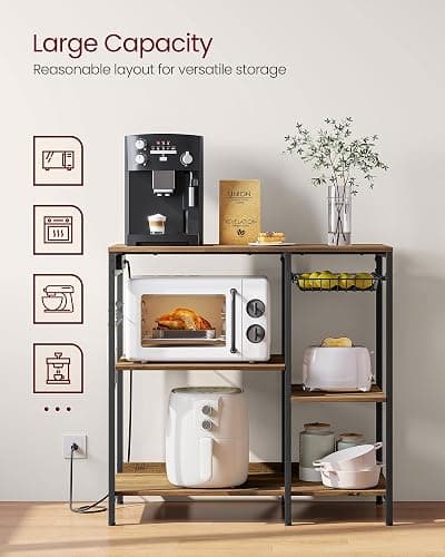 VASAGLE Baker's Rack, Coffee Bar Stand with Charging Station, 35.6 Inches Tall, Storage Shelves, Pull-Out Wire Basket, Table for Microwave, Kitchen, Honey Brown and Ink Black UKKS036K41 thumbnail 5