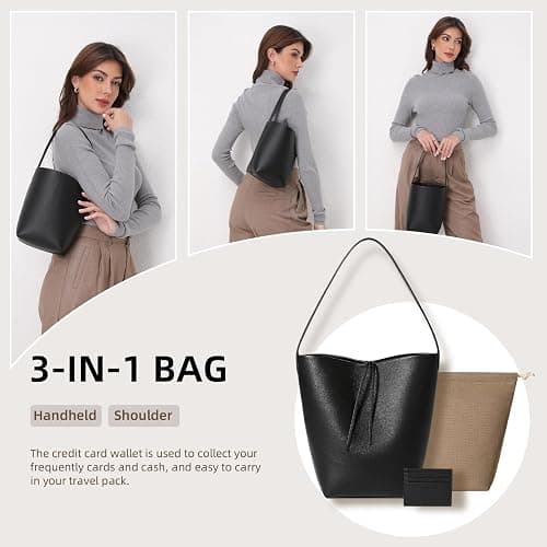 Genuine Leather Bucket Bag with Credit Card Holder Wallet, First Layer Pebble-grained Calfskin Tote Bag thumbnail 5