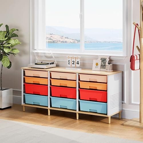 12 Drawers Storage Cabinet with Wooden Top and Plastic Bins, Toy Storage Organizer Toy Shelf Storage Chest Cubby Organizer for Home, Office, Playroom, Classroom & Craft Room Storage (Multicolored) thumbnail 2