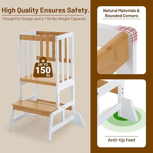 COSYLAND Height Adjustable Step Stool for Kids – Solid Bamboo Stool for Kitchen Counter, Compact & Sturdy (Wood & White) thumbnail 3