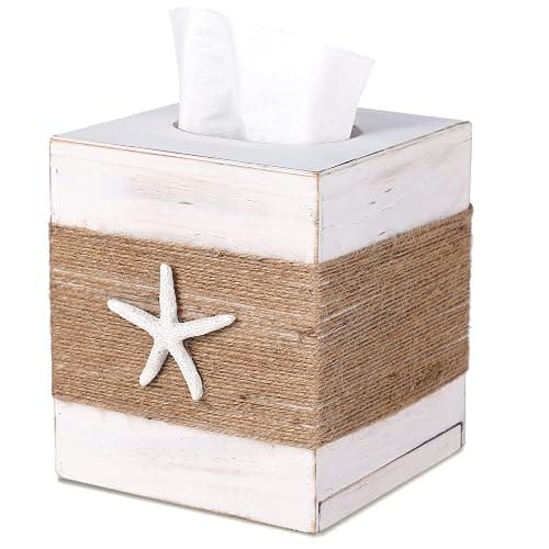 SOMTO Beach Rustic White Wood Square Tissue Box Cover,Farmhouse Bathroom Accessories Starfish Decor Tissue Holder with Slide-Out Bottom Panel… - White - Image 1