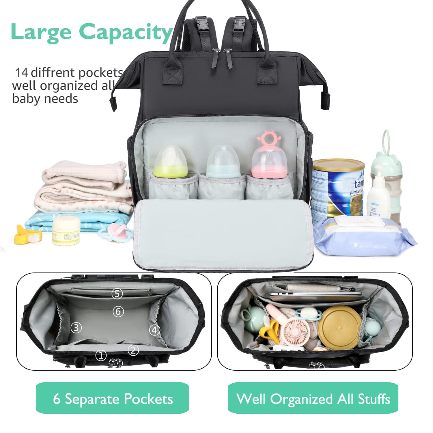 Bolsa de pañales convertible, mochila de pañales resistente al agua con bolsillos antirrobo y clips para carriola thumbnail 2