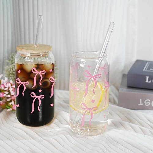Mason Life Coquette Pink Bow Cute Glass Cups with Lids and Straw 18OZ Cute Tumbler Glass Cup with Keychain and Straw Cover for Iced Coffee Smoothie Cocktail Matcha Teen Girls Trendy Gift Preppy Stuff - Canglass-Cherry-bow thumbnail 2
