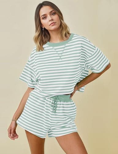 MISSACTIVER Womens Lounge 2 Piece Sets Summer Striped Matching Pajamas Set Short Sleeve Oversized T Shirts Drawstring Shorts thumbnail 4