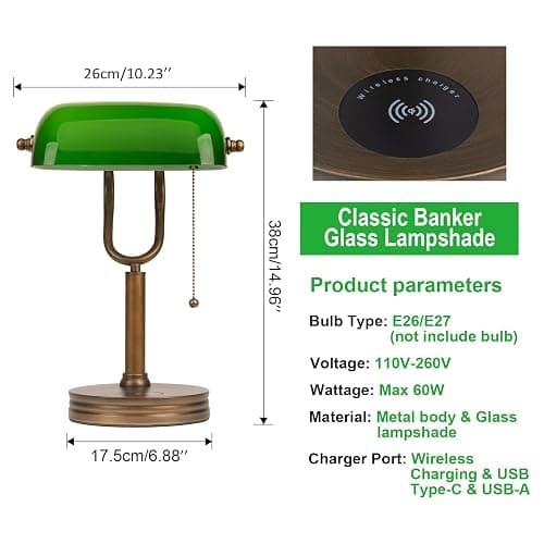 JCPYIUL Green Glass Bankers Lamp, Retro Desk Lamp with USB Wireless Charging Port, Classic Pull Chain Switch Table lamp, for Home Office nightstand Bedside Study Desk Library thumbnail 2
