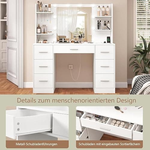 TEENFON Dressing Table with Lights, Dressing Table with Mirror and Socket, Dressing Table with 7 Drawers, 6 Shelves and 5 Hooks, Modern, White thumbnail 7