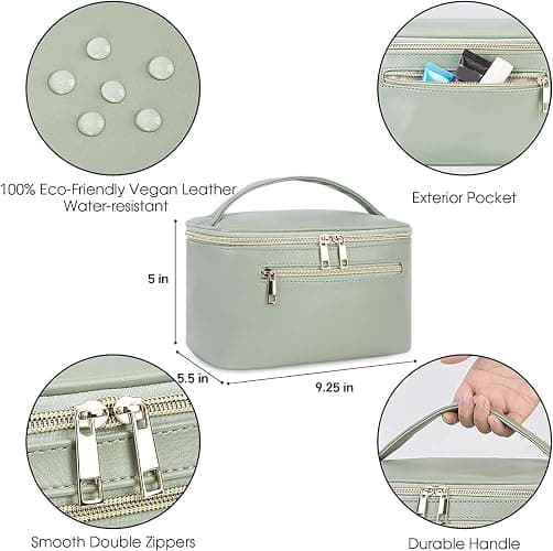 Travel Makeup Bag with Brush Compartment, Large Cosmetic Bags, PU Leather Makeup Case with Handle, Water-Resistant for Women, Green (Patent Pending) thumbnail 2