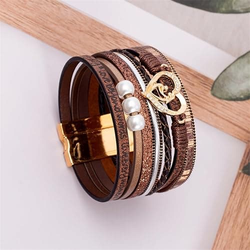 Love Heart Leather Boho Trendy Wrap Stackable Multilayer Bracelets Wide Cuff Bangle Jewelry Gift For Women thumbnail 2