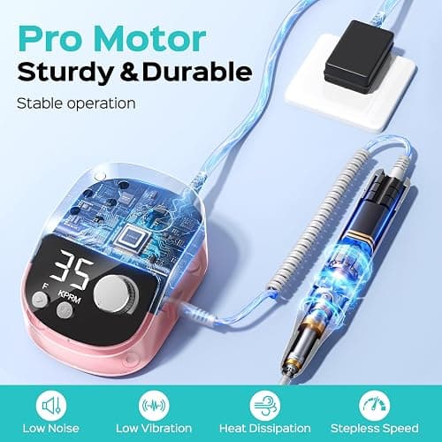 COSLUS E50 Professional Electric Nail Drill File with Upgraded Steady Power | 35000 RPM, LED Display, for Acrylic, Gel & Natural Nails, Easy to Use, Home DIY & Salon Use, Women, Nail Art Practice, Pink thumbnail 3