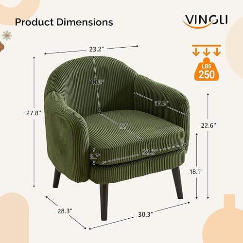VINGLI 30.3" Wide Modern Barrel Accent Armchairs Set of 2 with Track Armrest, Solid Wooden Legs, Comfy Upholstered Club Chairs, Single Home Sofa for Living Room, Bedroom, Reading Room, Corduroy Green thumbnail 2