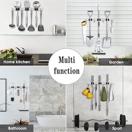 3 Racks and 4 Hooks Broom and Mop Holder Wall Mounted Garage Organizer Storage Tool Racks Stainless Steel Heavy Duty Hooks Self Adhesive Solid Non-slip Wall Hangers for Home Kitchen Garden Laundry thumbnail 7