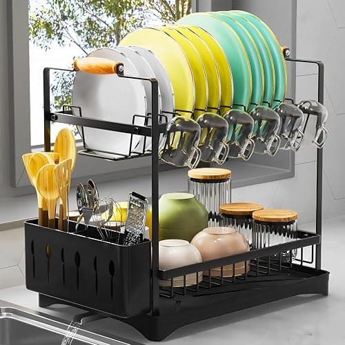 PXYHMUS 2-Tier Large Dish Drying Rack for Kitchen Counter with Drainboard and Cutlery Holder, 2 Tier Dish Drying Rack, Black,16.54" D x 11.81" W x 17.71" H - Image 1