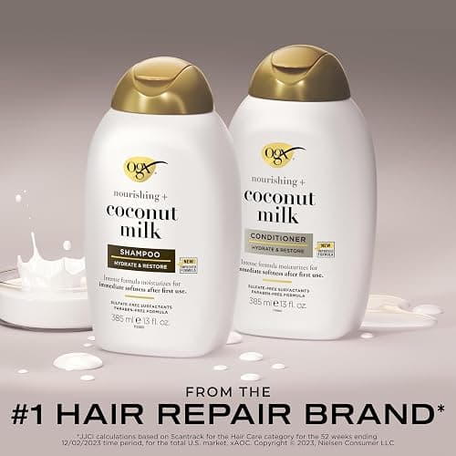 OGX Nourishing + Coconut Milk Sulfate Free Shampoo and Conditioner Set, Hydrates & Softens Hair, Lipi Pro Shield Technology, Creamy Coconut Milk White Peach & Shea Butter Scent, 2 Items, 2 x 13 fl oz thumbnail 3