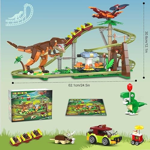 HOGOKIDS Dinosaur Roller Coaster Building Set - 1222PCS Rollercoaster Building Toy with 4 Dinosaur, Off-Road Vehicle, Food Cart, Dinosaur Models Playset Gift for Adults Kids Girls Boys Ages 8-12 Year thumbnail 3
