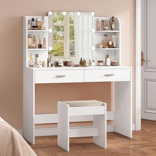 usikey Vanity Desk with Mirror and Lights, Makeup Vanity Set with 2 Drawers and Open Shelves, Makeup Vanity Desk Dressing Table with Cushioned Stool and 10 LED Lights, White thumbnail 8