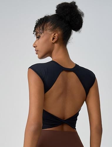 ABOCIW Workout Tops for Women Open Back Longline Sports Bras Athletic Crop Top Cap Sleeve Gym T Shirts with Built in Bra thumbnail 5
