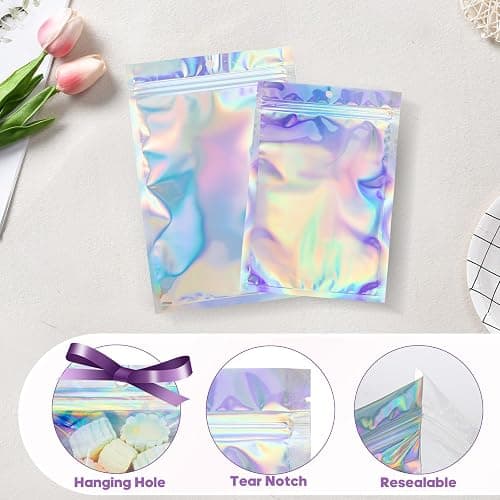 100Pcs Holographic Packaging Bags, 3x4 inch Resealable Foil Pouch Mylar Sample Bag Great for Small Business and Party Favor Food Storage…… thumbnail 6