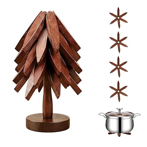 Csydxbbe Bamboo Trivets for Hot Dishes, Tree Shape Trivet Set, 5 Bamboo + 1 Stand stored Like a Tree,Foldable Kitchen Wooden Trivet, for Hot Pot Holders for Pots, Bowls and Teapot - Image 1