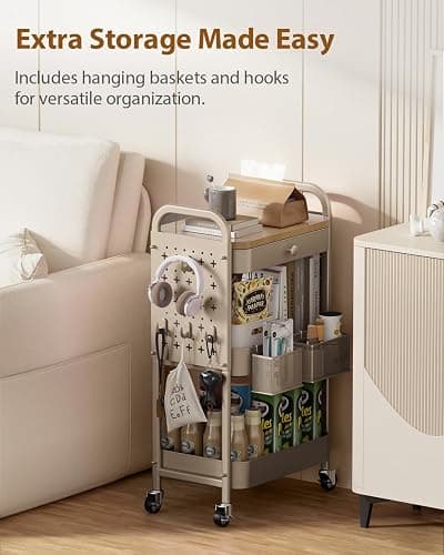 ALVOROG Rolling Cart with Drawer and Wood Table Top, 3 Tier Metal Rolling Utility Cart on Wheels with DIY Pegboards, Hanging Baskets, Hooks for Kitchen, Bedroom, Office, Craft Supplies thumbnail 5