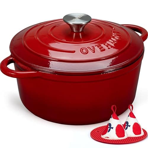 Overmont 5.5QT Enameled Cast Iron Dutch Oven with Lid Cookbook Heavy-Duty Casserole with Dual handles for Braising, Stews, Roasting, Bread Baking - Image 1